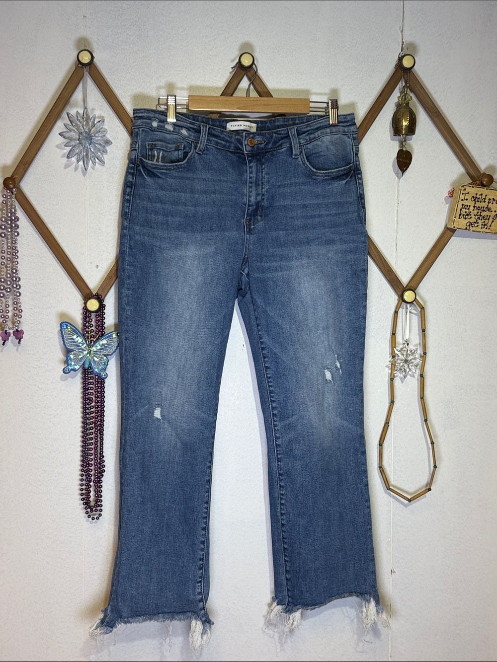 Flying Monkey Medium Blue Distressed Cropped Jeans with Frayed Hem